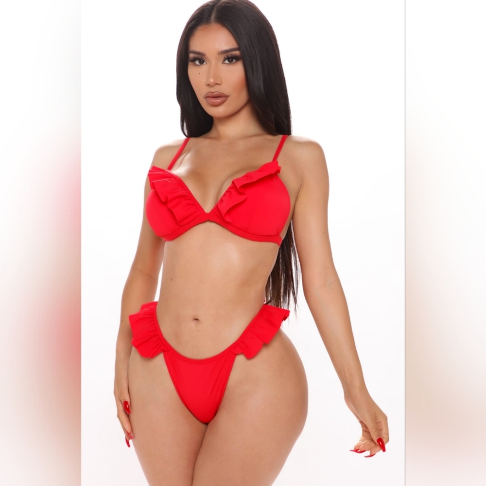 Red Ruffle Trim 2 Piece Bikini Set
